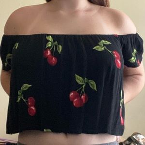 Black strapless crop top with cherries